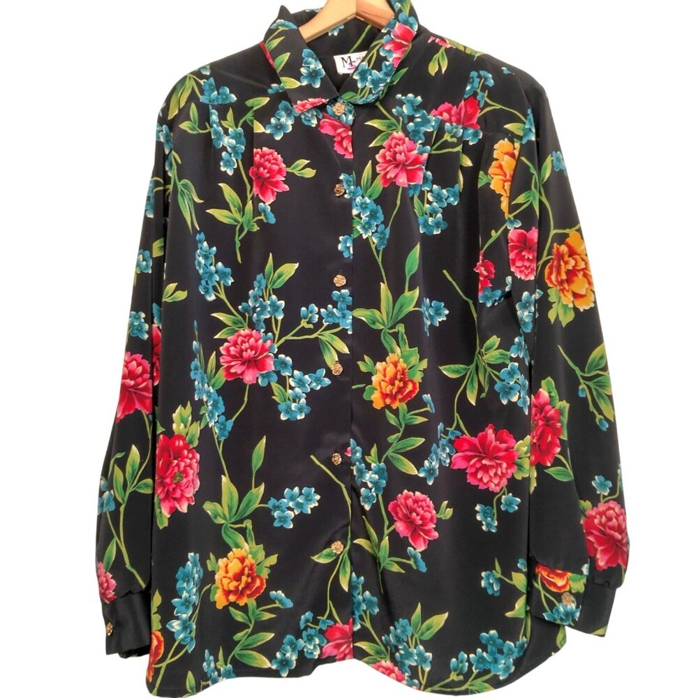 Vintage Maggie Sweet Blouse Plus Size 1X Black Floral Gold Flower Buttons - Picture 2 of 16